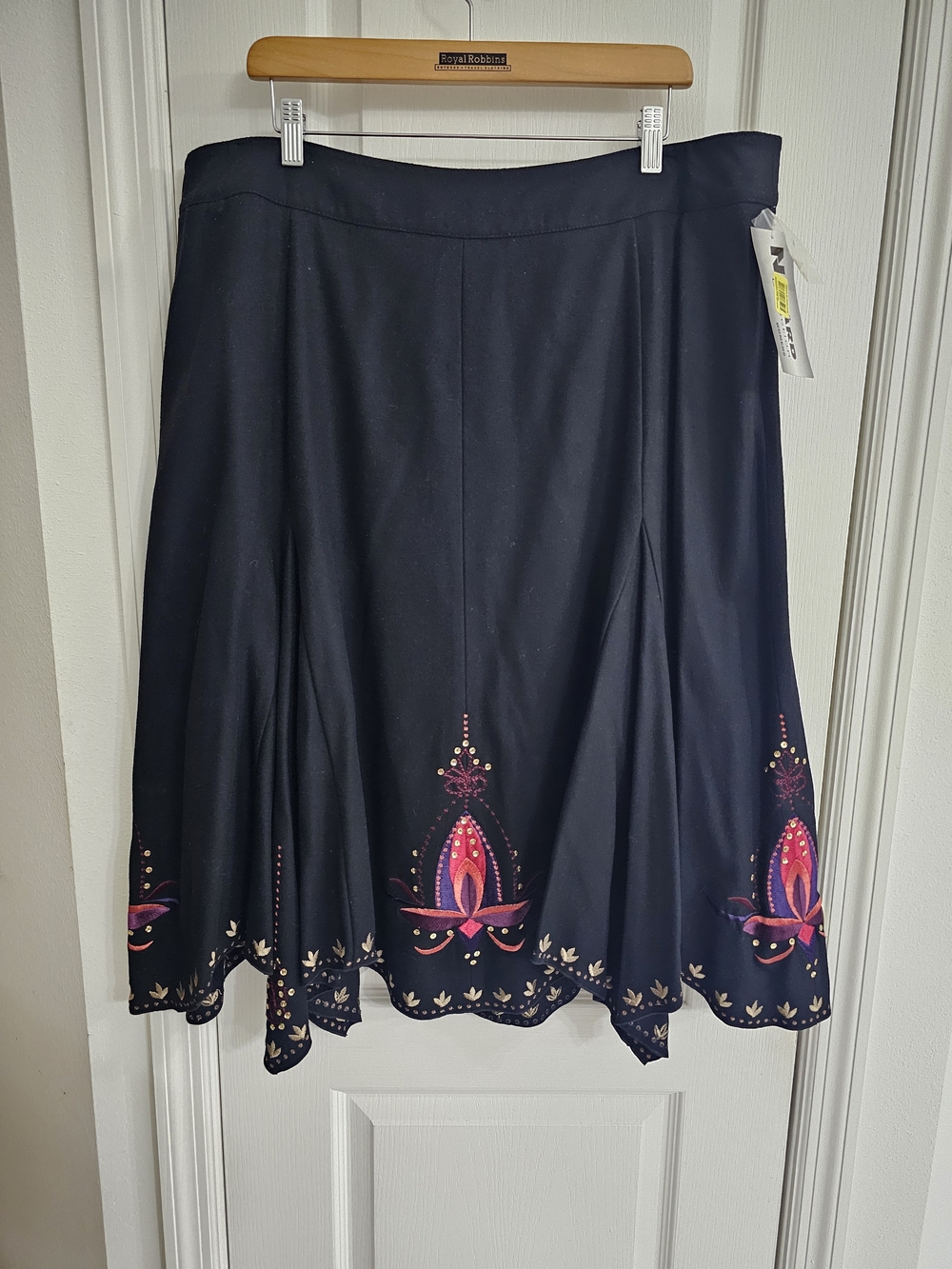 Black A-Line Skirt with Pink Floral Border Embroidery